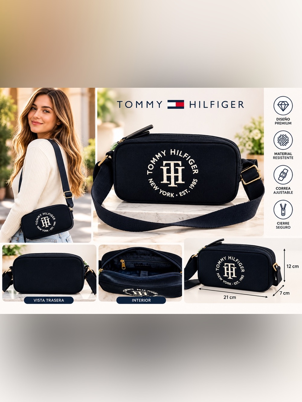 Tommy Hilfiger Black Crossbody Bag with Cream Embroidered Logo